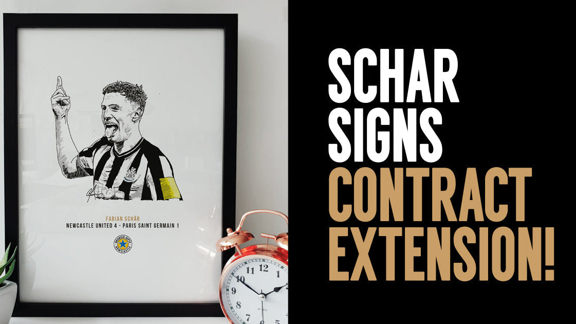 fabian schar signs new newcastle united contract extension alongside illustration of him scoring against psg in 4-1 champions league victory