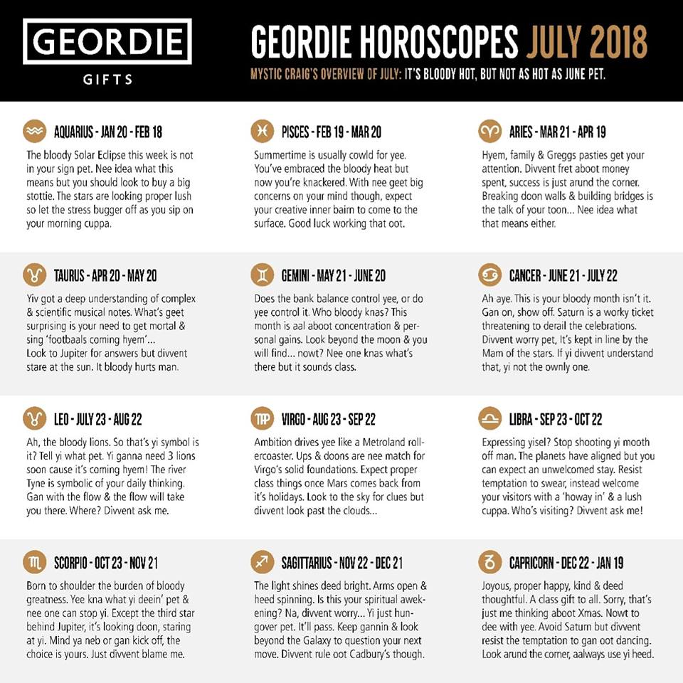 Geordie Horoscopes by Craig Finnigan, owner of Geordie Gifts, Newcstle upon tyne Grainger market gift shop