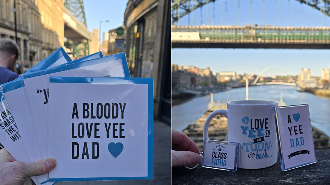 Geordie Father's Day cards, mugs and keyrings by the Tyne Bridge, Newcastle