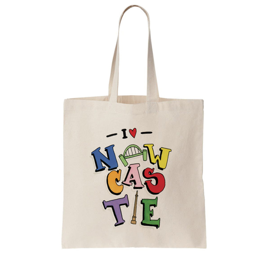 Colourful 'I Love Newcastle' tote bag featuring whimsical doodles representing the city's landmarks and spirit, perfect for shopping or day-to-day use. designed by geordie gifts using tyne bridge and greys monument in the text