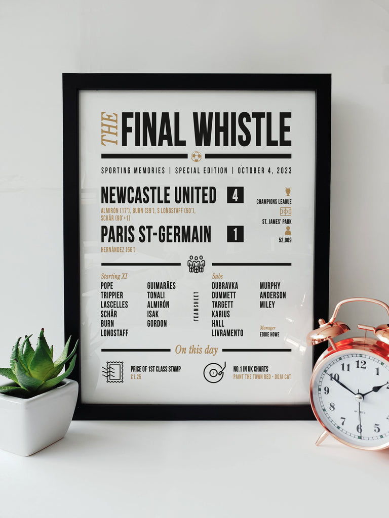 Newcastle United vs PSG Champions League victory commemorative framed print with squad and match details. GEORDIE GIFTS