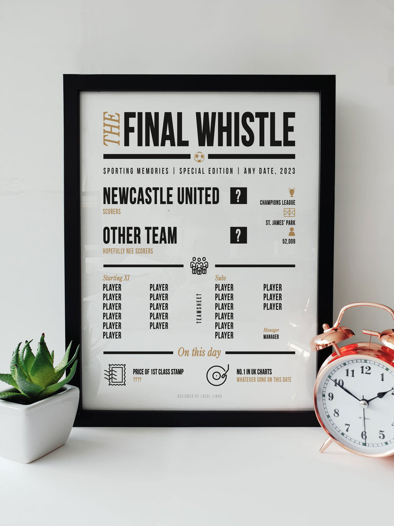 Customisable Newcastle United match keepsake print, detailing personalised score, date, and line-up.