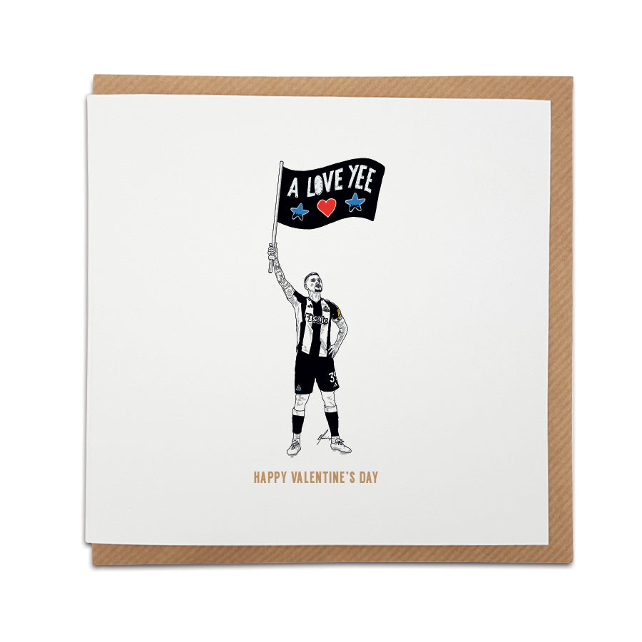 A Geordie Gifts Valentine's Day card featuring a black and white illustration of Bruno Guimarães holding a corner flag that reads "A Love Yee" with a red heart, shown against a kraft paper envelope.