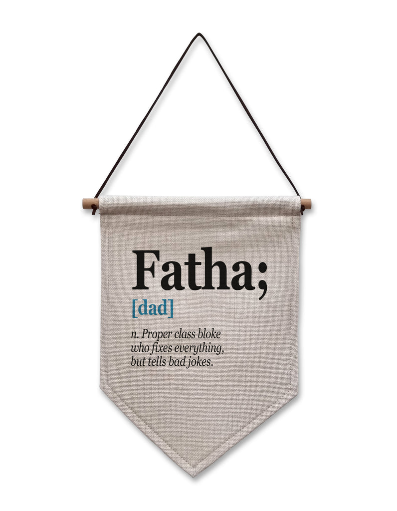 Fatha Definition linen flag by Geordie Gifts featuring Newcastle dialect, perfect for Father's Day.