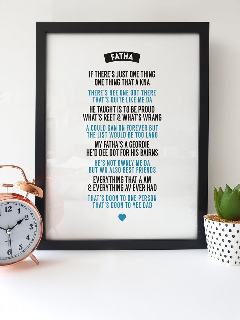 Sentimental Geordie Dad Poem Print by Geordie Gifts featuring Newcastle dialect, perfect for Father's Day.
