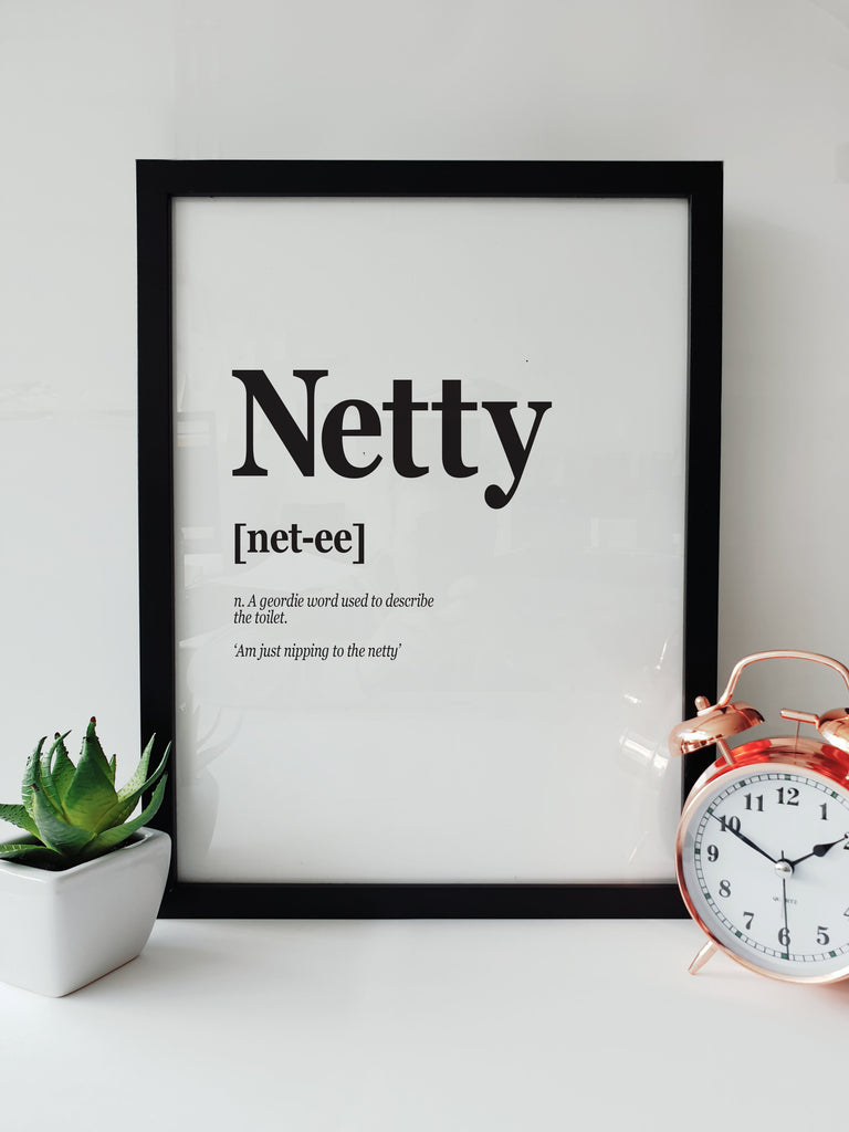 Geordie 'Netty' toilet definition print in A4/A3 size from Geordie Gifts, featuring Newcastle dialect for stylish bathroom decor.