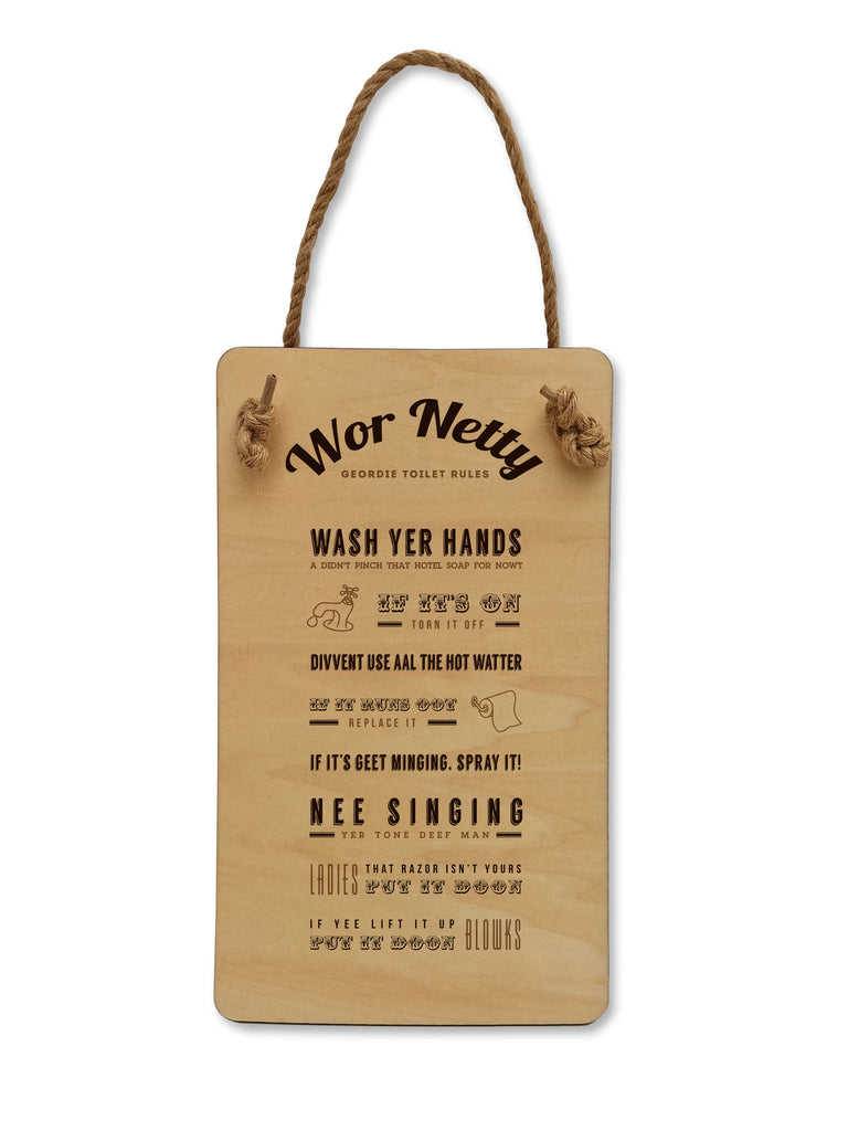 Wor Netty Geordie Toilet Rules wooden plaque by Geordie Gifts featuring Newcastle dialect, perfect for bathroom decor.