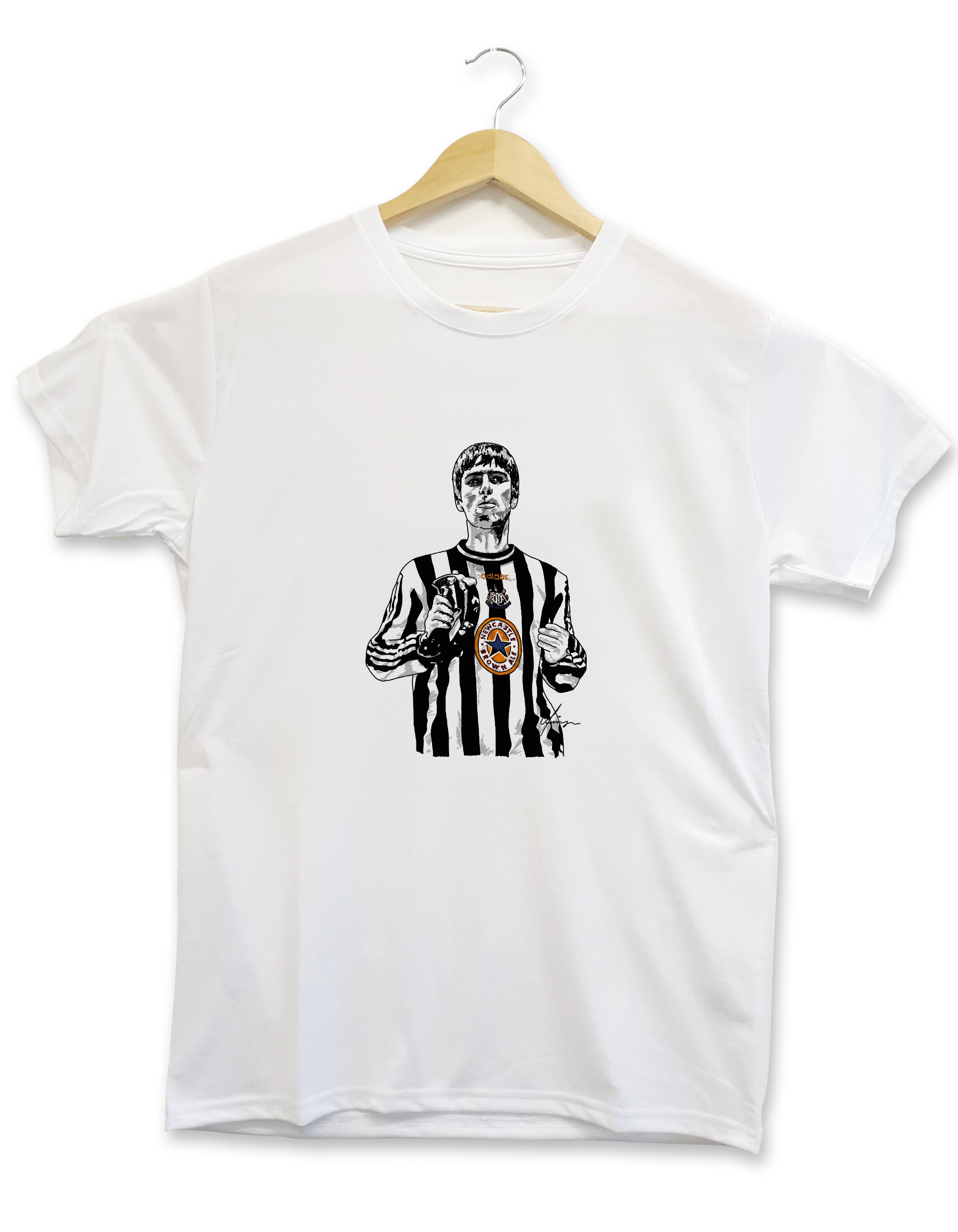 Illustration of Liam Gallagher wearing a Newcastle United football shirt with the iconic Newcastle Brown Ale logo, taken from his performance at the Metro Radio Arena in Newcastle. This design celebrates the legendary Oasis frontman and his nod to Newcastle United, performed on the same night the club famously beat Barcelona 3-2 in 1997- t shirt designed by geordie gifts