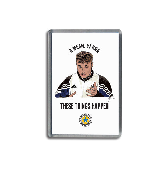 Geordie Gifts fridge magnet with Sam Fender saying “A mean, yi kna, these things happen” in Newcastle United trackie. Ideal gift for NUFC and music fans.