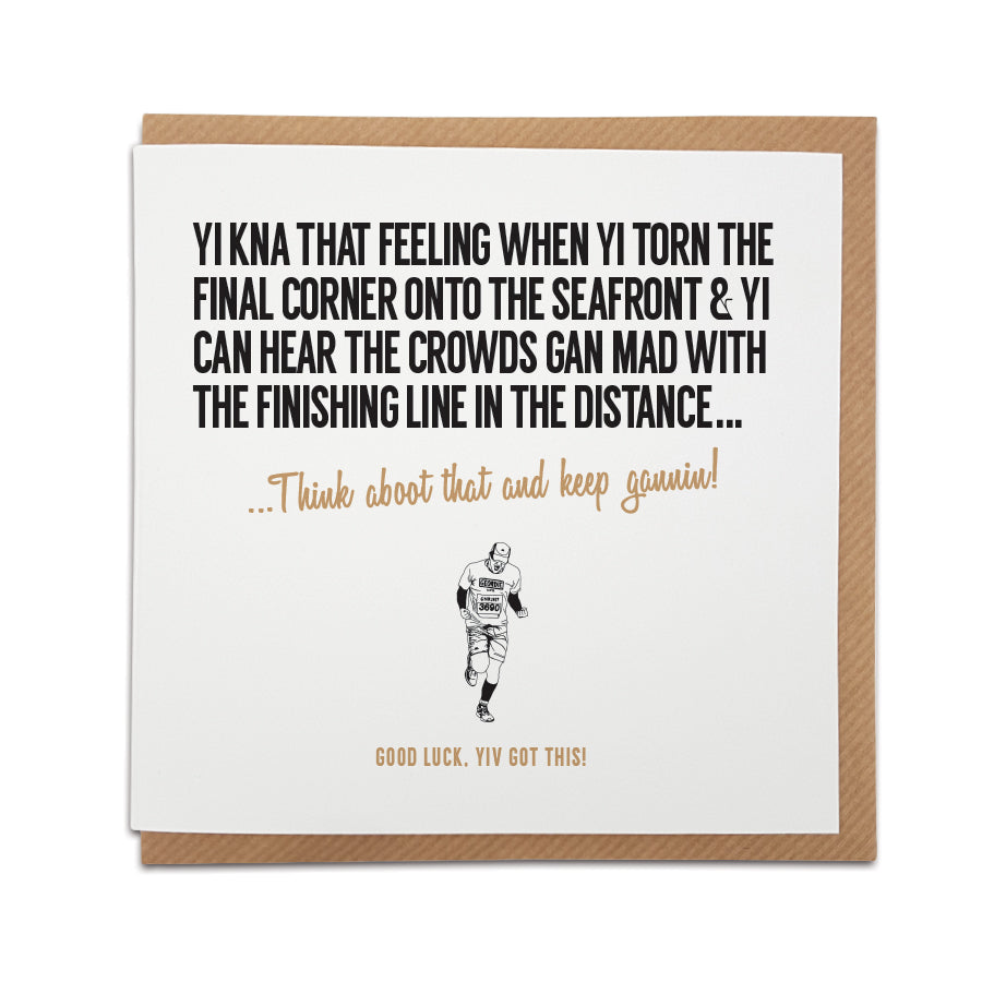 good luck great north run half marathon greeting card from geordie gifts written in a geordie accent from grainger market gift shop in toon