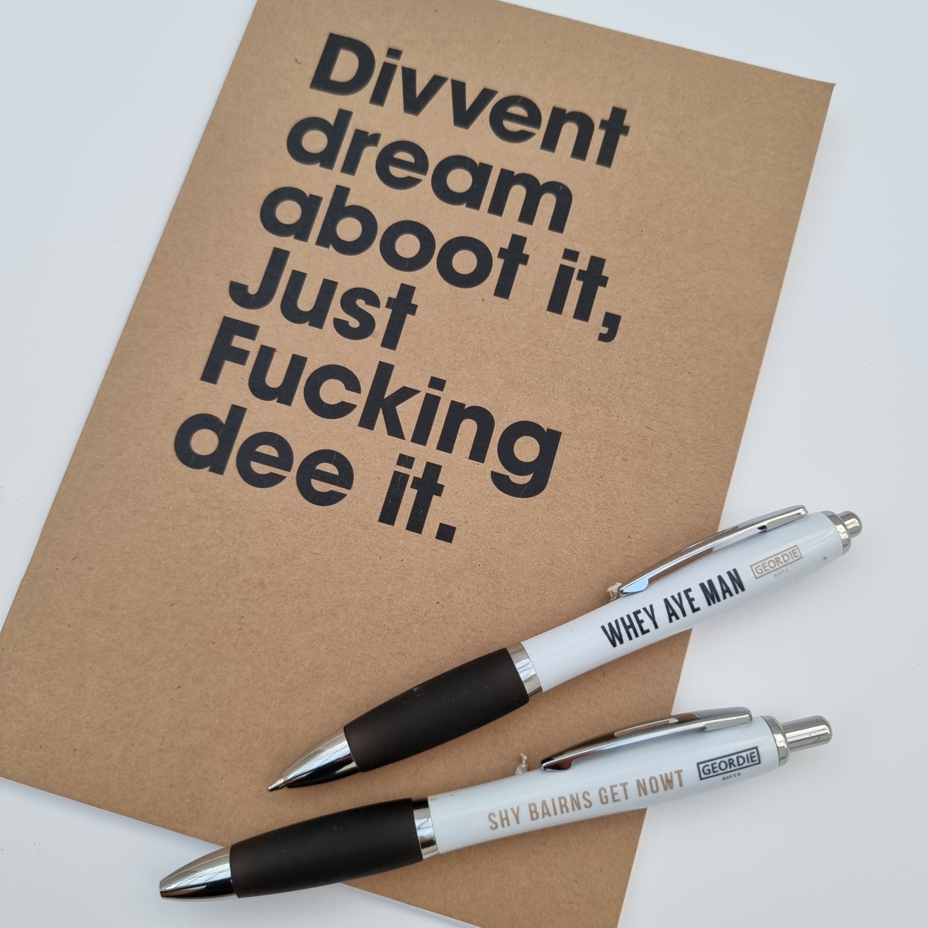 geordie gifts stationery. Funny notebook and pens featuring popular newcastle accent words and phrases like whey aye man and shy bairns get nowt