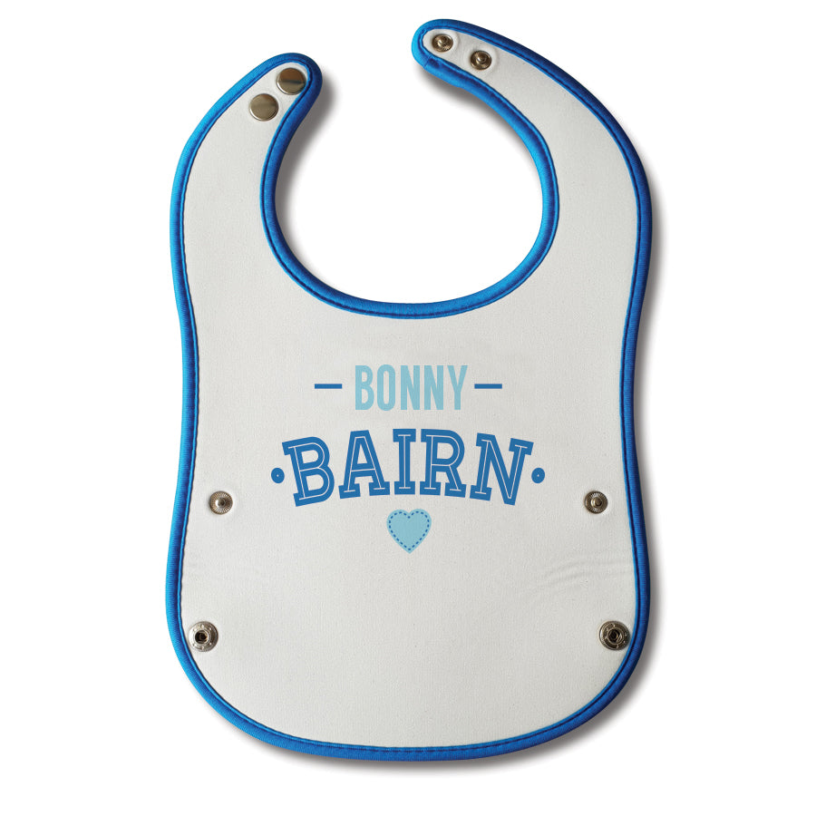 bonny bairn funny geordie baby bibs blue design with crumb or food catcher. Newcastle bib designed by geordie gifts. Northeast gifts for tourists