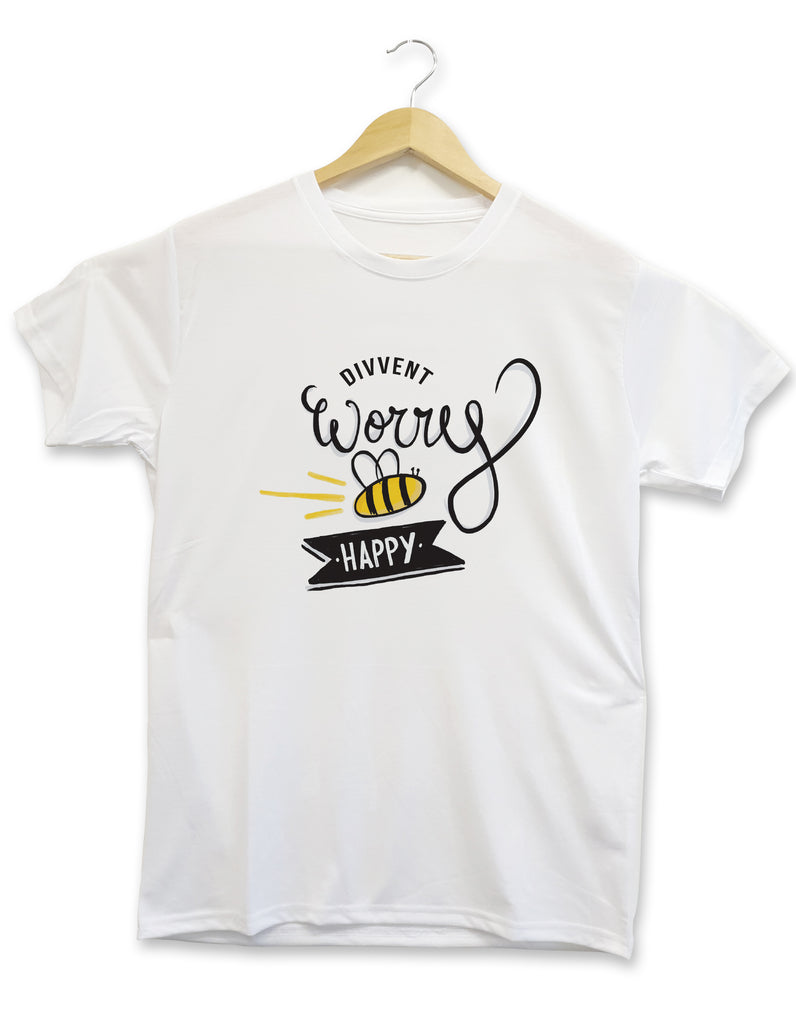 Divvent worry bee happy custom made t shirt geordie gifts made in newcastle upon tyne, grainger marking clothing range merch