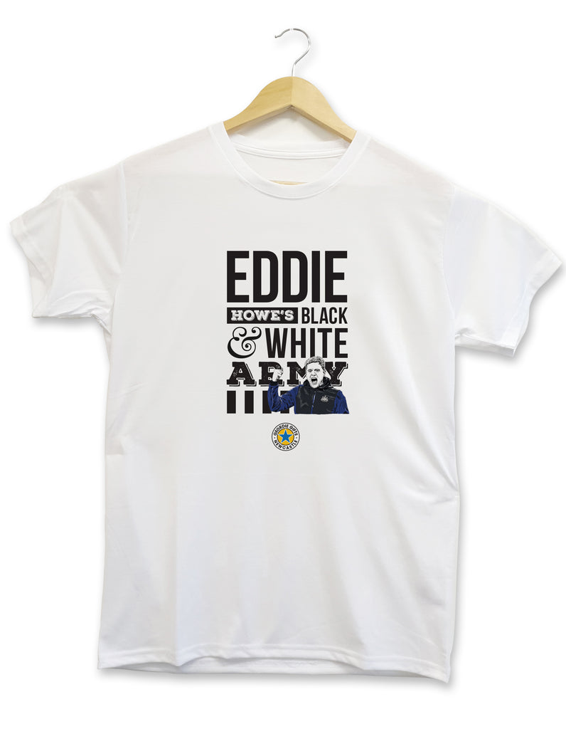 T-shirt design displaying a hand drawn illustration of Newcastle United manager Bruno Eddie Howe celebrating alongside the wording of popular fan chant 'Eddie Howe's black & white army' nufc club shirt kit designed by geordie gifts grainger market card shop