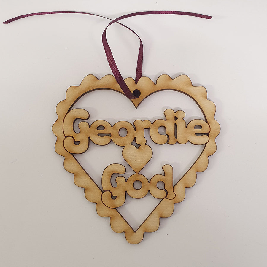 Unique High Quality Lazer Cut Geordie Christmas Tree Decoration Baubles Bauble displays: Geordie God designed & created by geordie gifts craft sensations