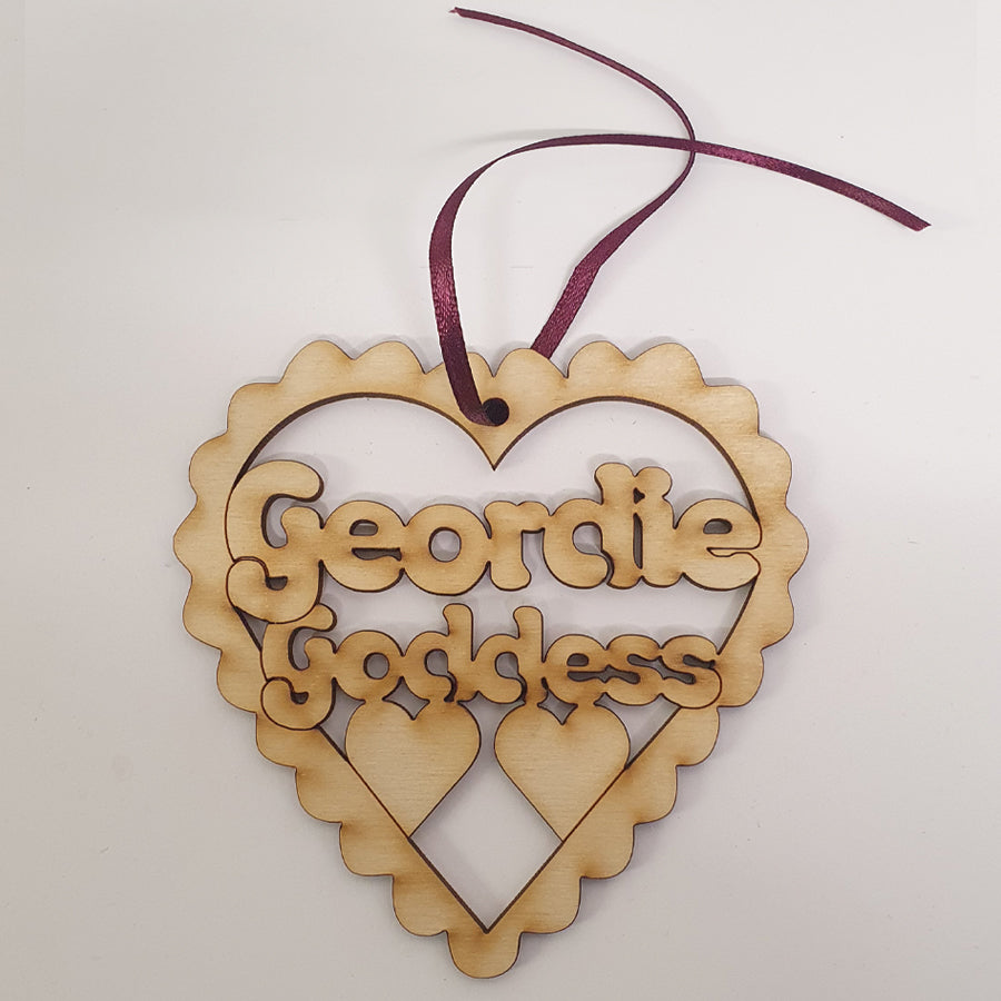 Unique High Quality Lazer Cut Geordie Christmas Tree Decoration Baubles Bauble displays: Geordie Goddess designed and created by geordie gifts craft sensations