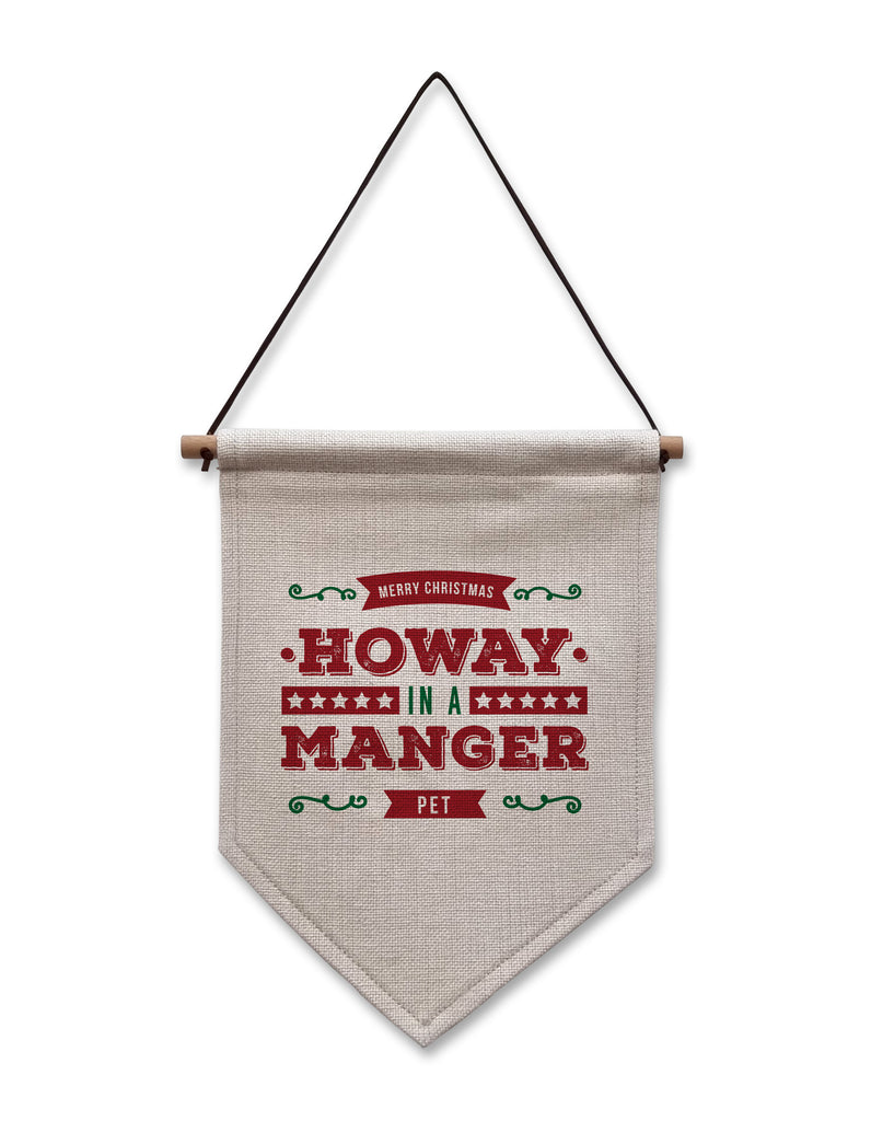 merry christmas howay in a manger pet funny geordie gifts flag hanging sign decoration. Made in newcastle, grainger market card shop