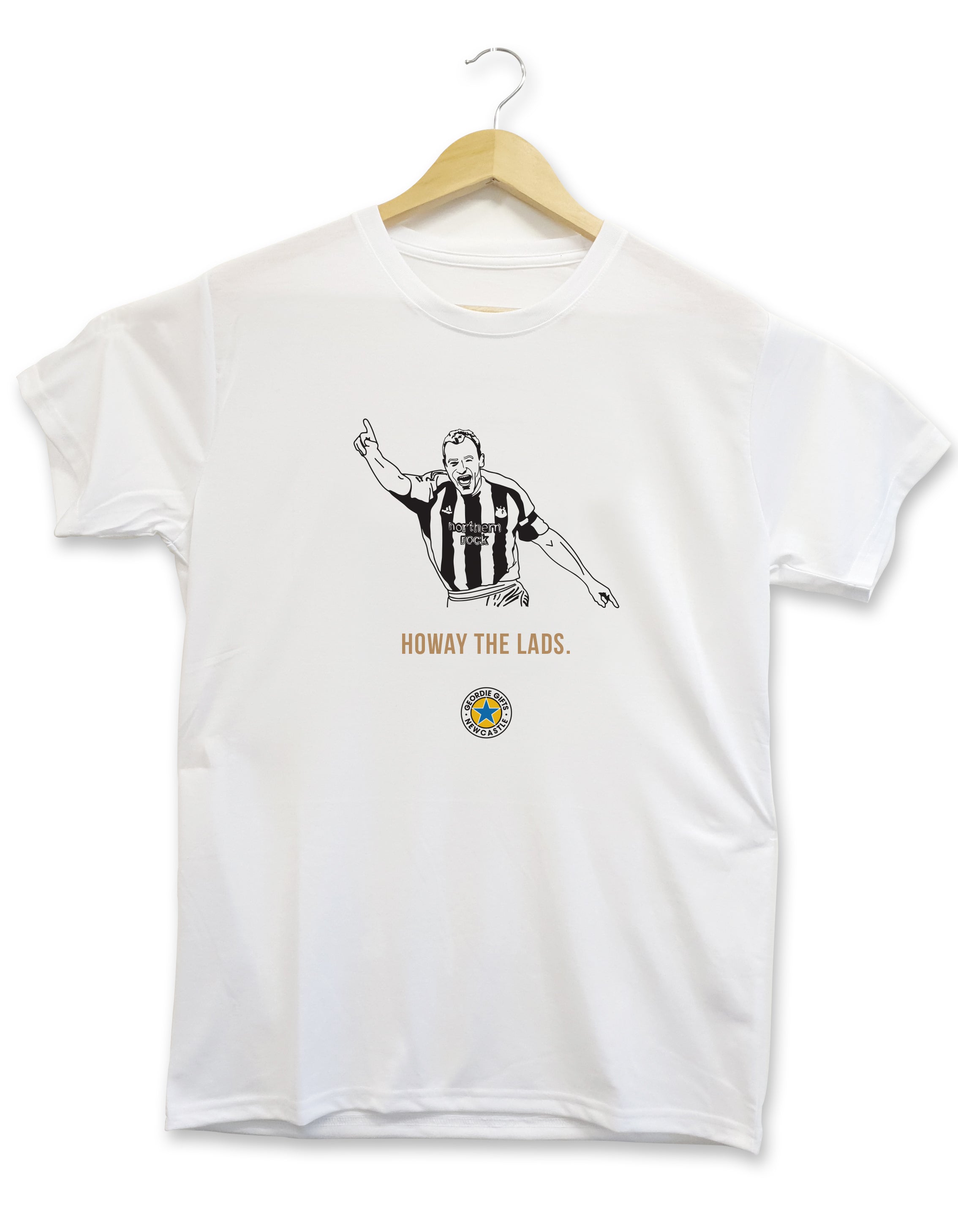 T-shirt design displaying a hand drawn illustration of Newcastle United legend Alan Shearer celebrating his final goal for the club, scored against Sunderland in a 4-1 victory. This t-shirt also contains the phrase 'howay the lads' a popular saying used by Toon army supporters. merch