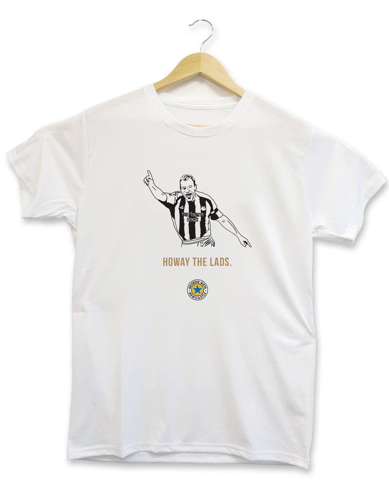 T-shirt design displaying a hand drawn illustration of Newcastle United legend Alan Shearer celebrating his final goal for the club, scored against Sunderland in a 4-1 victory. This t-shirt also contains the phrase 'howay the lads' a popular saying used by Toon army supporters. merch
