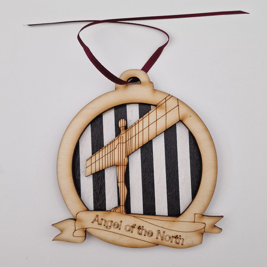 angel of the north christmas tree wooden bauble decoration with a black and white background for a newcastle united football club fan