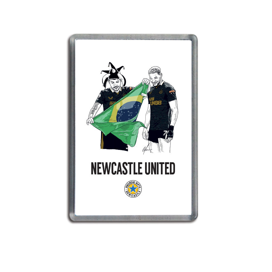 newcastle united football club souvenir fridge magnet bruno Guimarães Joelinton magic hat brazil flag designed by geordie gifts