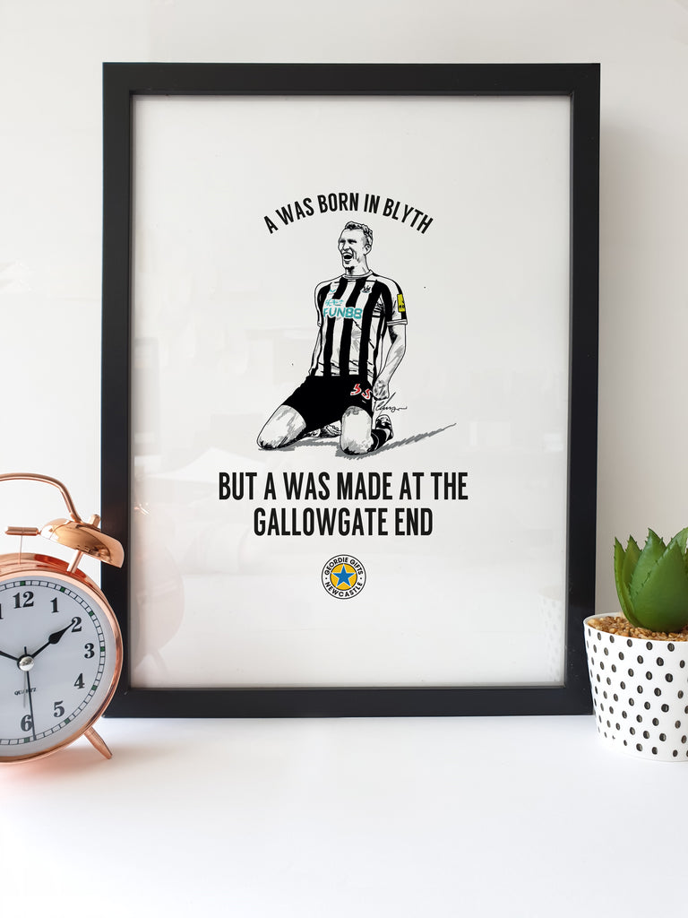 dan burn born in blyth made at the gallowgate end newcastle united football club shop print, poster & wall art designed by geordie gifts in the grainger market