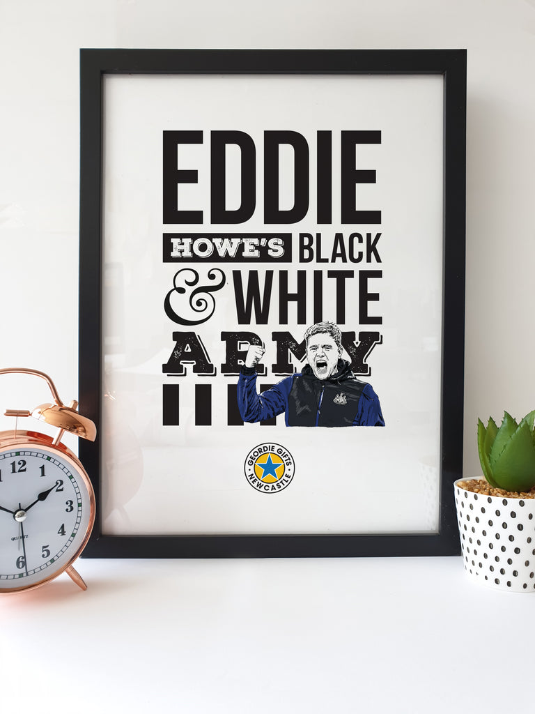 eddie howe's black and white army newcastle united football club nufc poster illustration geordie gifts brown ale badge