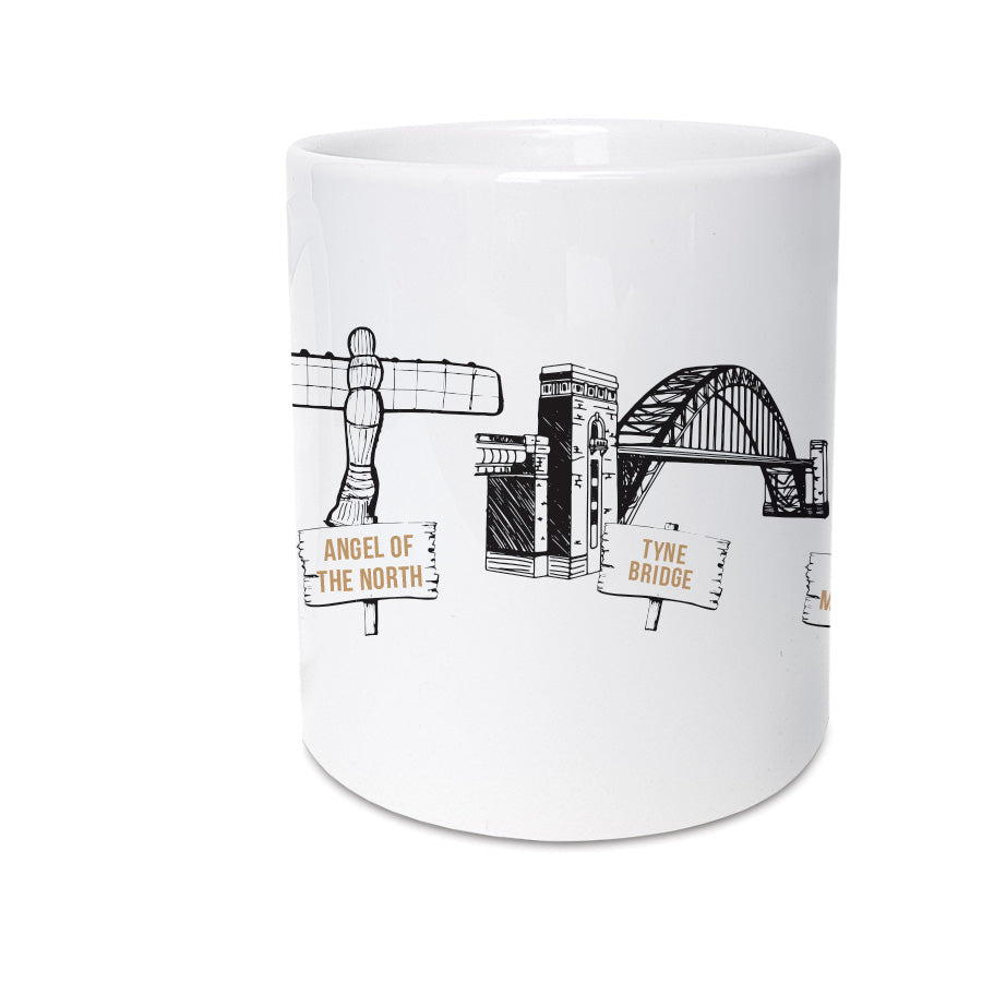 Tyne bridge & the angel of the north hand drawn illustration on a mug. Black & white newcastle northeast landmarks artwork. geordie gifts