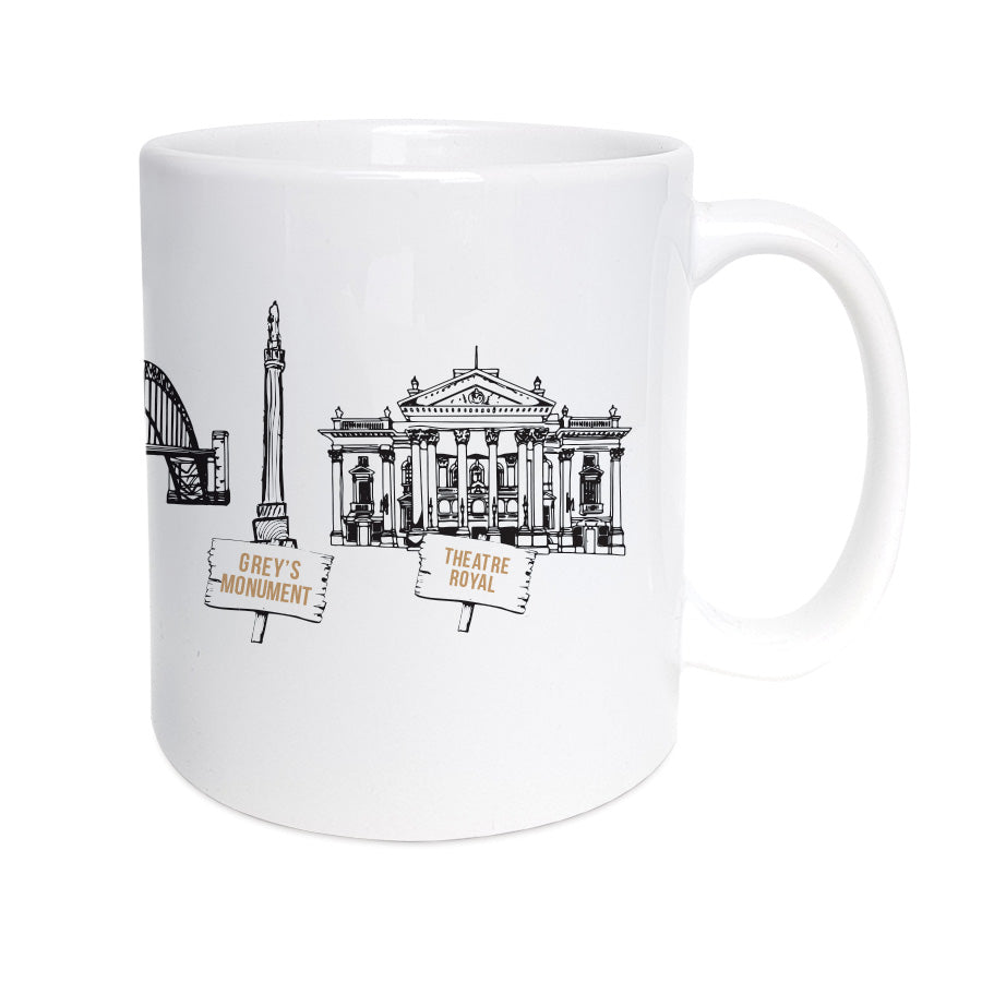 theatre royal newcastle, greys monument illustration artwork. northeast landmarks geordie mug