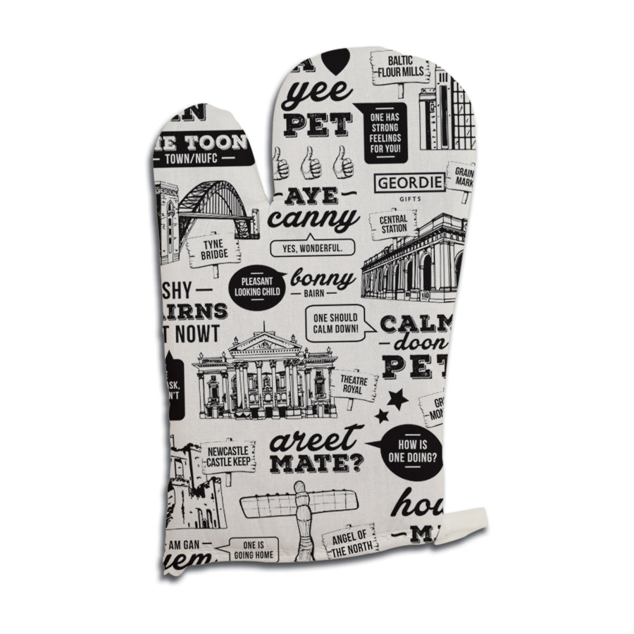 geordie sayings words phrases translated with meaning funny newcastle oven glove with northeast landmarks and phrases. Perfect unique gift or present for a geordie