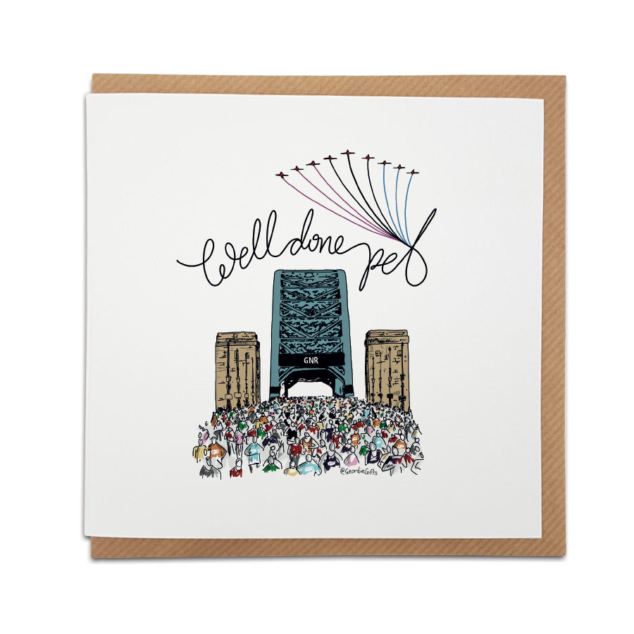 well done pet red arrows flying over tyne bridge great north run 2022 congratulations card designed by geordie gifts. Newcastle gift shop