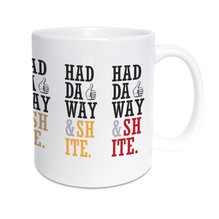 multi coloured newcastle geordie rainbow mug containing the popular geordie saying haddaway and shite. unique gifts for geordies