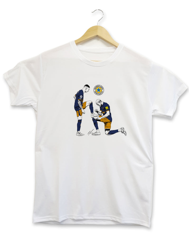 t shirt design displaying illustration of miguel (miggy) almiron celebrating with joelinton after scoring against tottenham hotspur newcastle united football club gift shop kits geordie gifts tee clothing