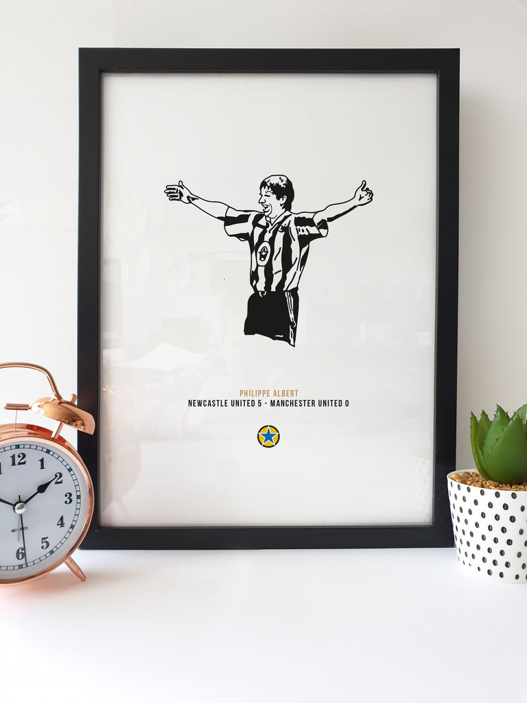 This Geordie print features a hand drawn illustration of Philippe Albert celebrating after chipping Peter Schmeichel from 20 yards out, scoring Newcastle's 5th goal in a famous 5 nil win over Manchester United at St James' Park.