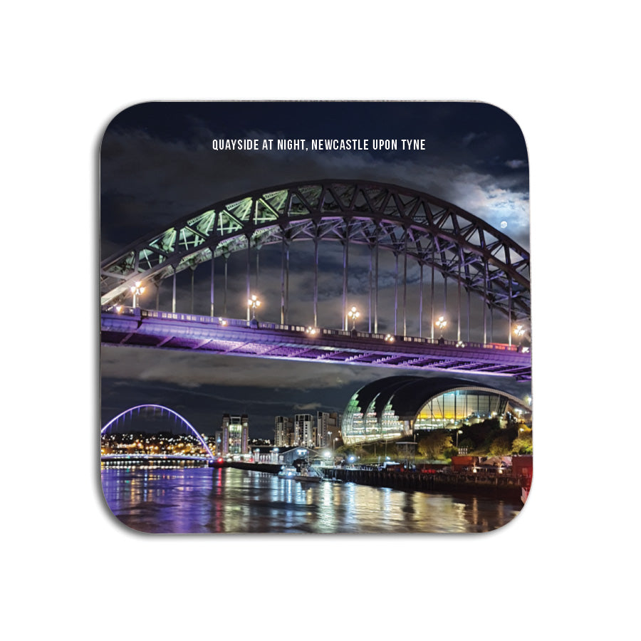 Unique Geordie Gifts Coaster, designed & made in Newcastle. Coaster displays: A high quality photo of the Newcastle Upon Tyne famous Quayside at night, featuring the Tyne Bridge, Millennium Bridge, Baltic Flour Mills & the Gateshead sage.