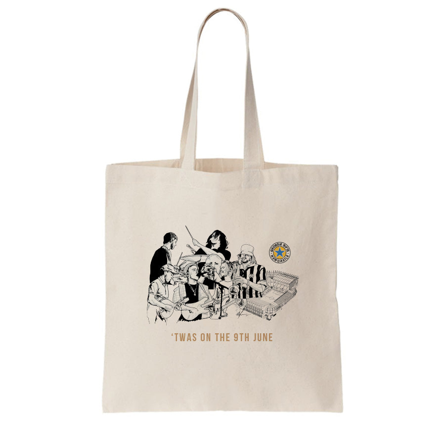Tote bag design displaying a hand drawn illustration of Sam Fender and his band to commemorate the announcement of the St James' Park Newcastle United stadium gig on the same day as the Blaydon Races. geordie gifts