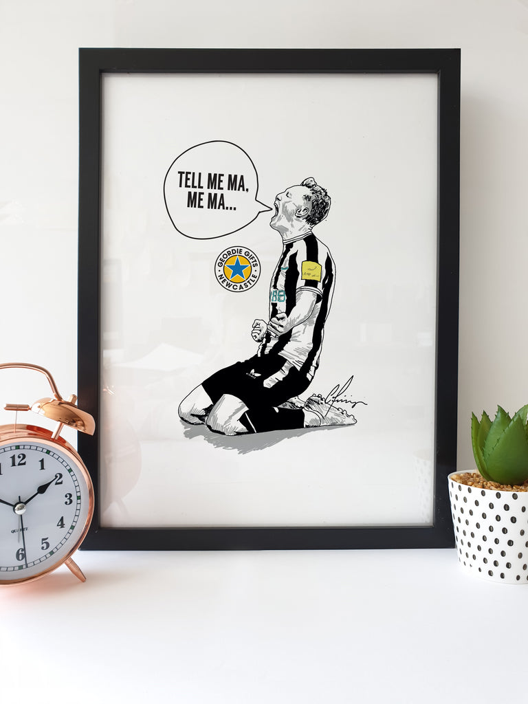 Illustration of Sean Longstaff celebrating after scoring the goal to send the Toon Army into the League Cup final alongside the lyrics 'tell me Ma, me Ma...'  Perfect gift for any Newcastle United football supporter. Poster designed by geordie gifts