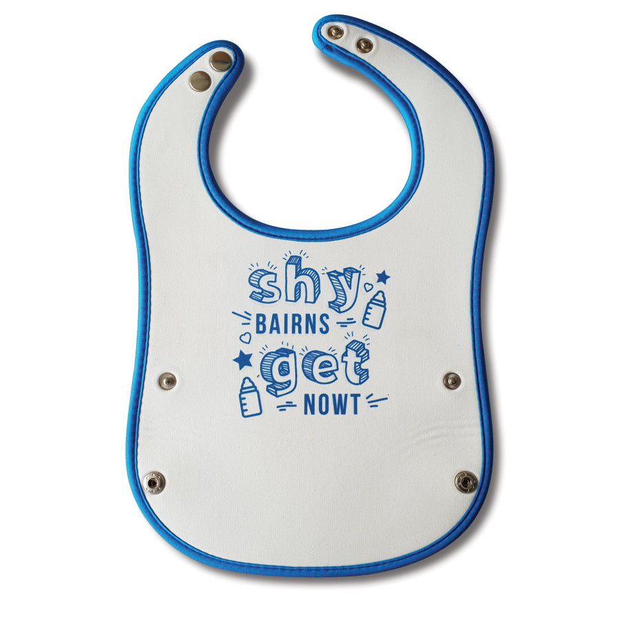 shy bairns get nowt geordie baby bib with food catcher. Newcastle baby clothing gift shop blue