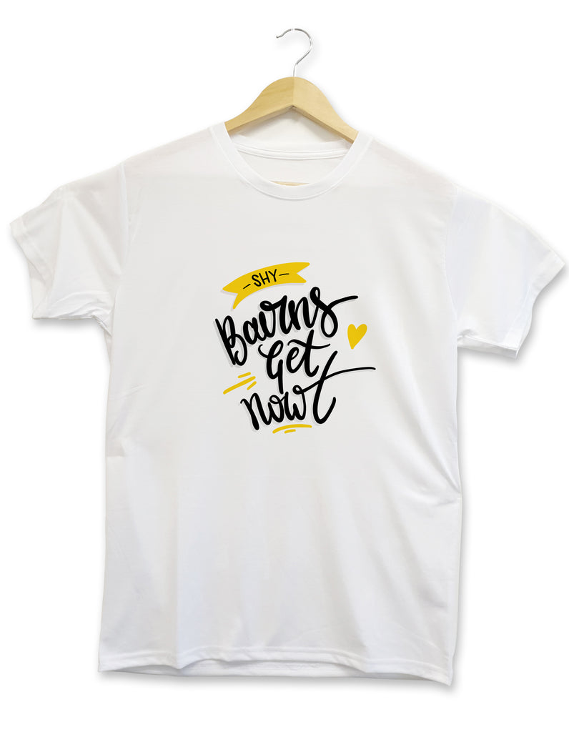 shy bairns get nowt hand drawn, designed & printed t shirt made in newcastle by geordie gifts