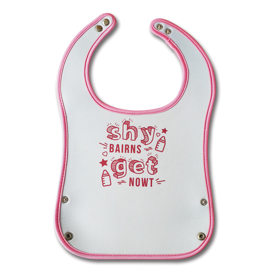 Shy Bairns Get Nowt Geordie Baby bib with crumb catcher. Easy wash pink girl newcastle gift shop grainger market