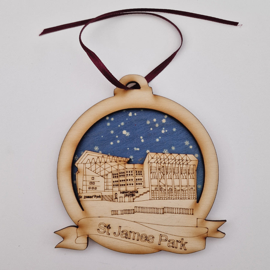 st james park at night snow newcastle united football club stadium christmas tree decoration bauble