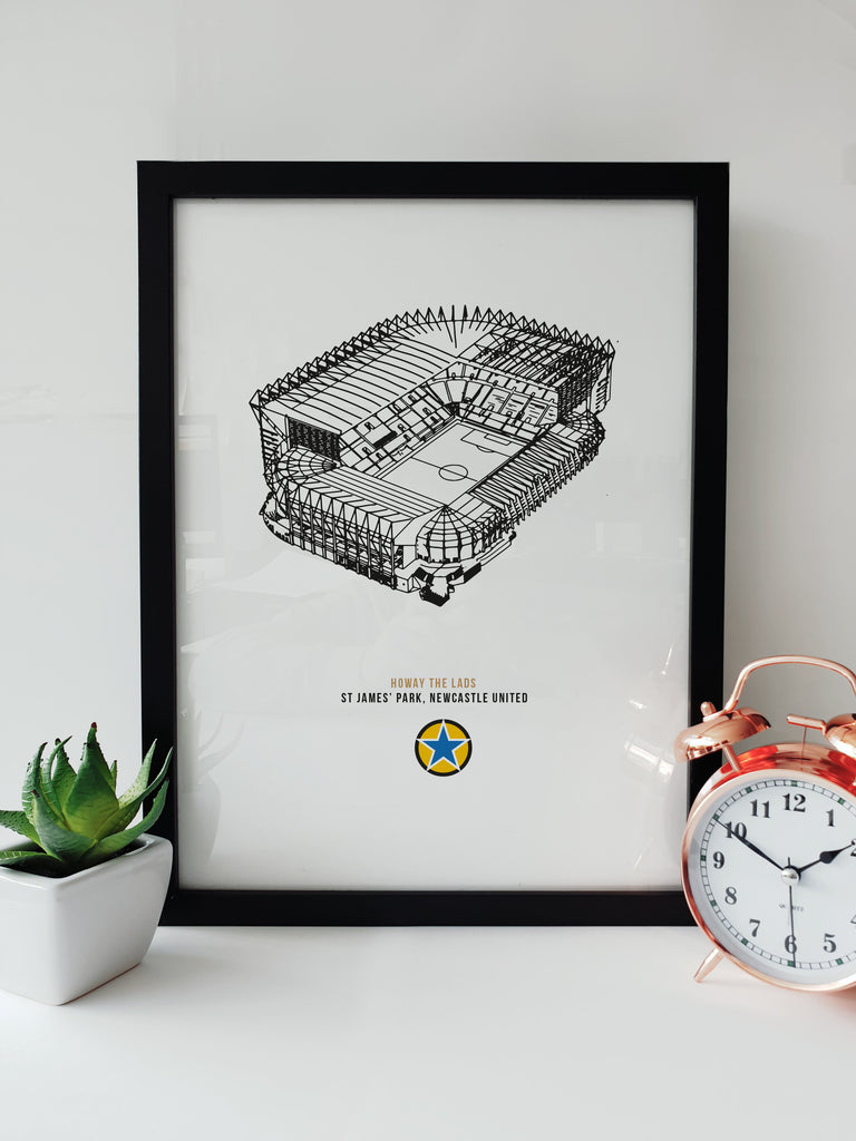 st james park newcastle united football ground black and white illustration hand drawn artwork framed picture. Howay the lads a3 print