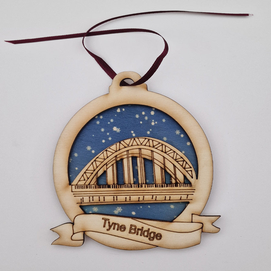 Tyne bridge at night christmas tree geordie gifts decoration wooden decoration