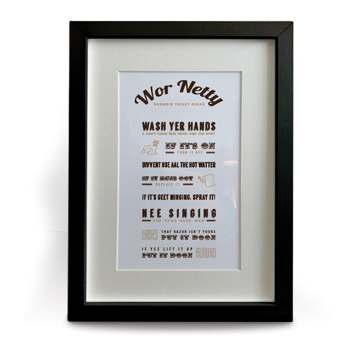 Funny geordie toilet rules. Wor netty. Mounted & framed prints for a newcastle house present