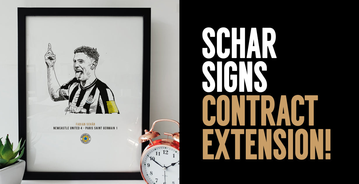 fabian schar signs new newcastle united contract extension alongside illustration of him scoring against psg in 4-1 champions league victory