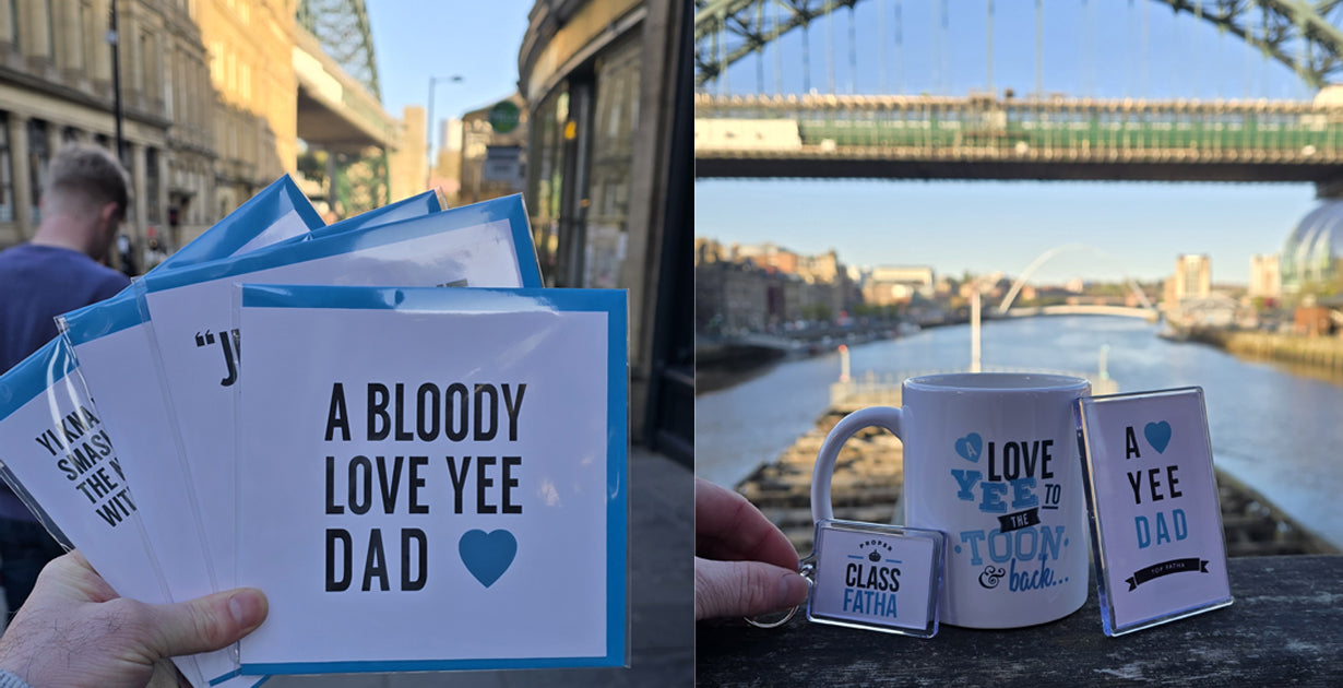 Geordie Father's Day cards, mugs and keyrings by the Tyne Bridge, Newcastle