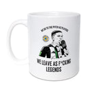 Geordie Gifts Bruno Guimarães mug featuring Newcastle United parade quote “We leave as f*cking legends” with hand-drawn illustration.