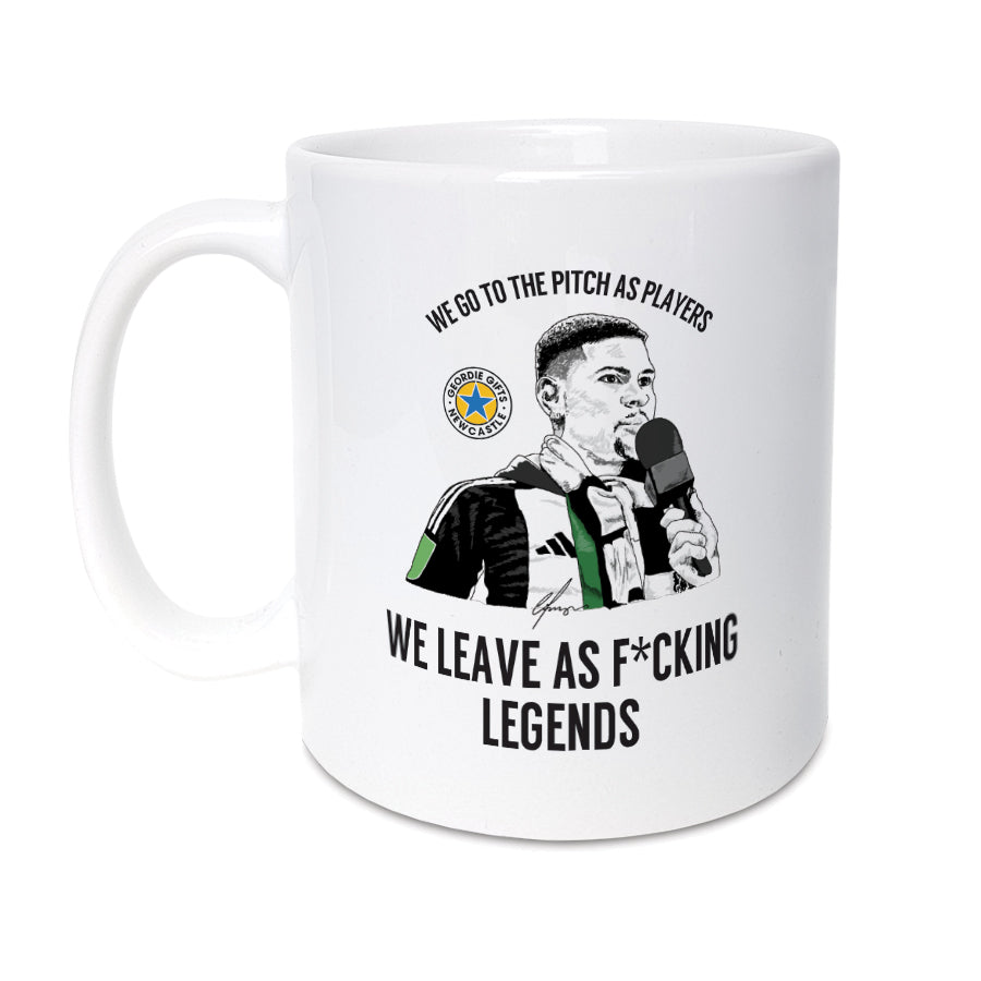 Geordie Gifts Bruno Guimarães mug featuring Newcastle United parade quote “We leave as f*cking legends” with hand-drawn illustration.