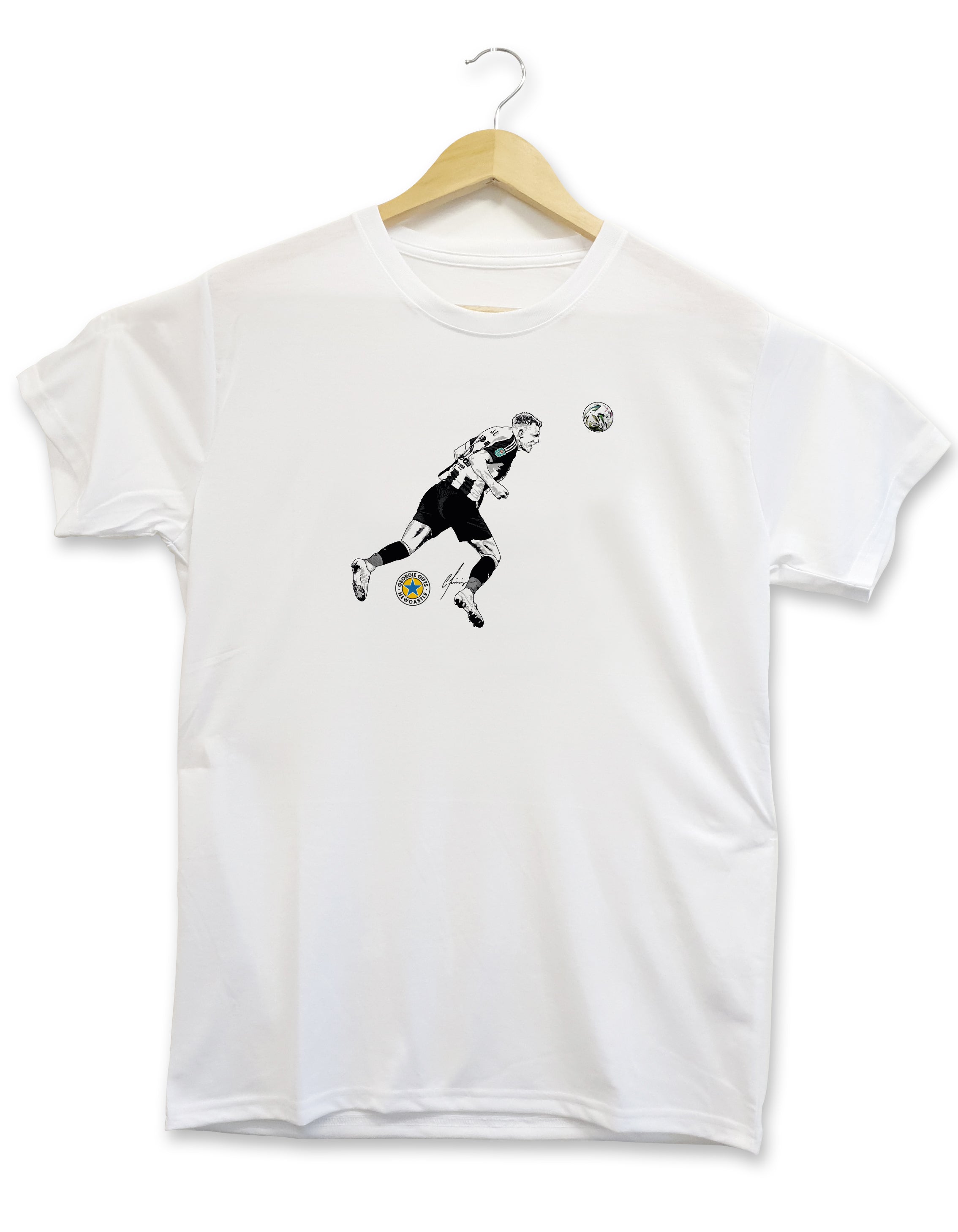 Geordie Gifts Newcastle United supporter T-shirt featuring a hand-drawn Dan Burn header illustration scoring the first goal in the Carabao League Cup final at Wembley, displayed on a hanger.