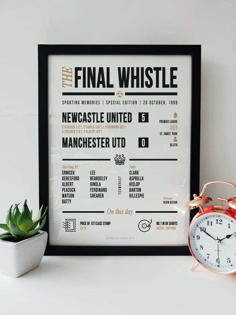 Framed print titled "The Final Whistle" featuring Newcastle United's 5-0 victory over Manchester United on October 20, 1996. The print includes details like the match score, scorers (Peacock, Ginola, Ferdinand, Shearer, Albert), and the lineup. Designed by Geordie Gifts, it's a perfect piece for Toon fans and Magpie supporters.